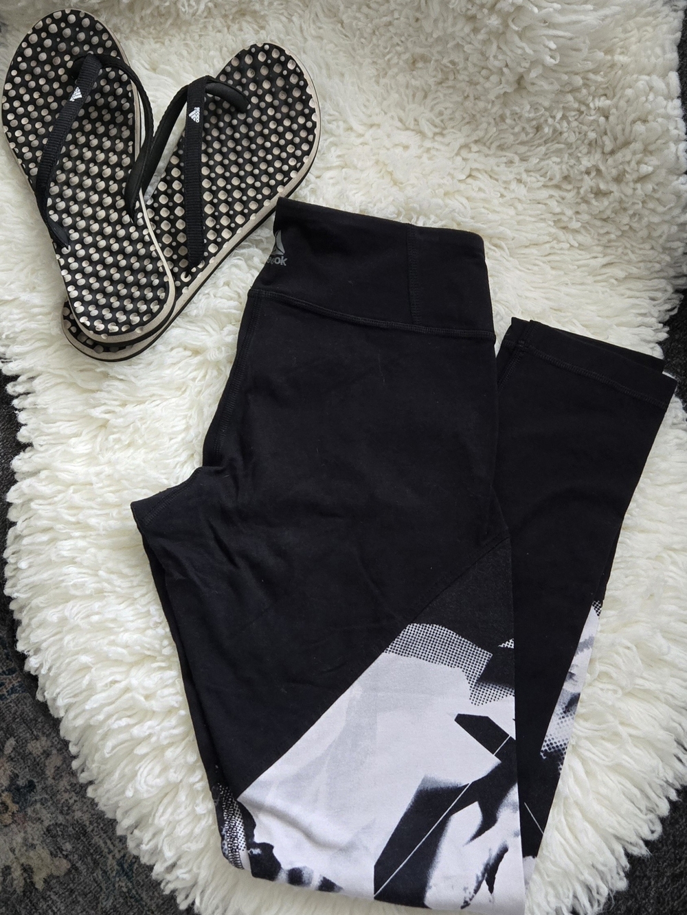 REEBOK Black and White Graphic Athletic Leggings